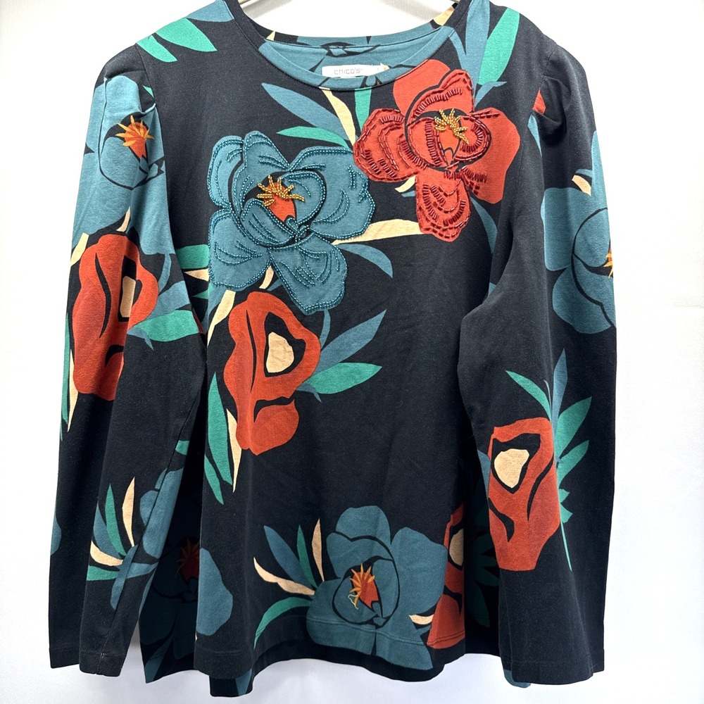 Chicos Womens Floral Beaded Long Sleeve Top XL Black Blue Red Cotton Pullover